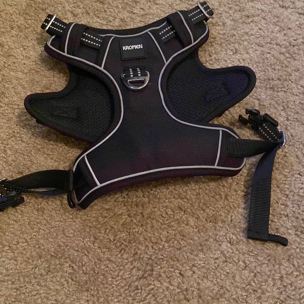 Size small dog harness with handle, front clip, and a place for Velcro patches